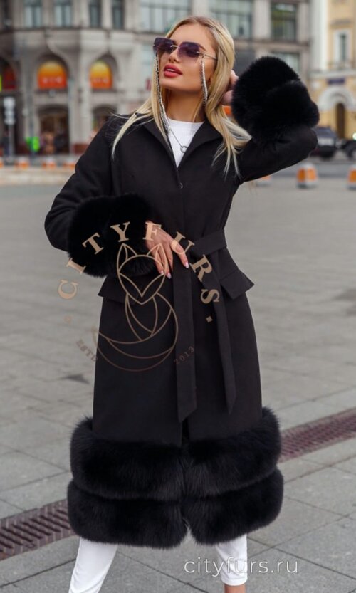 Пальто кашемировое с мехом песца цвет черный