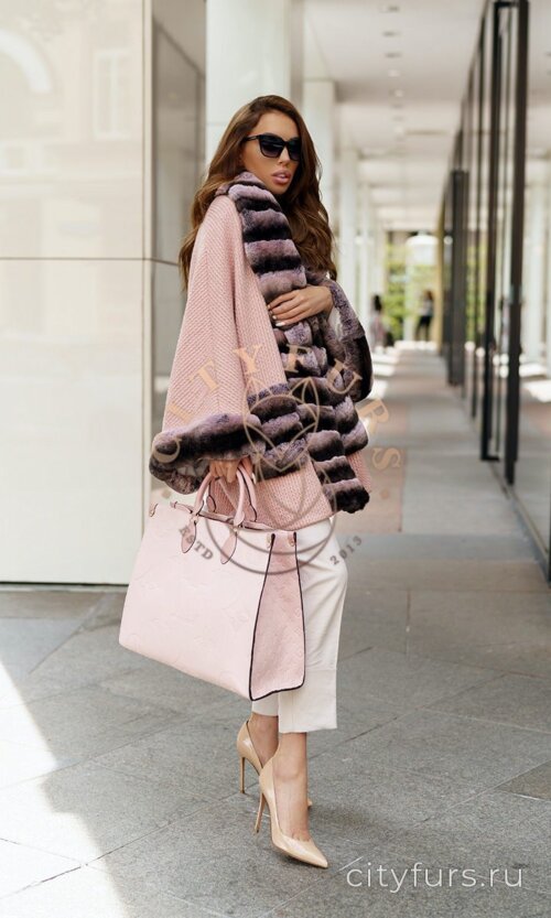 Пальто с мехом кролика цвет розовый
