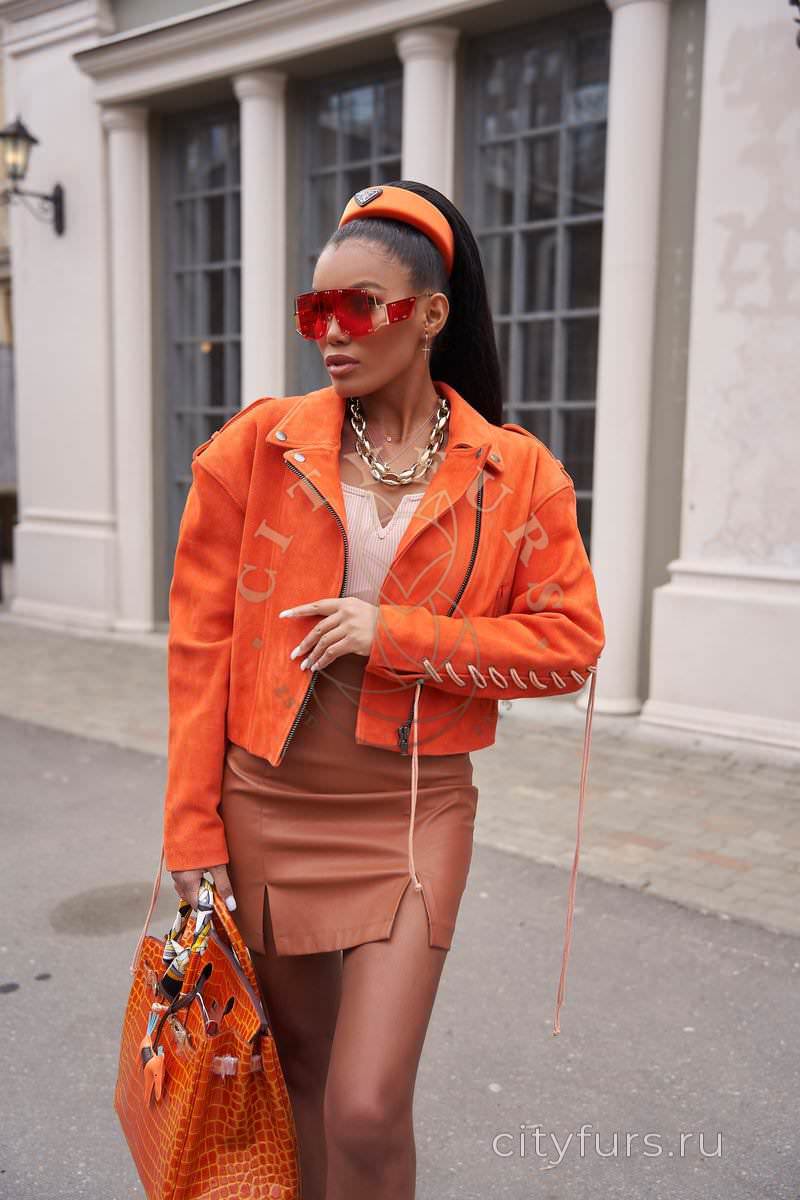 Куртка из натуральной замши со шнуровкой - цвет оранжевый 1