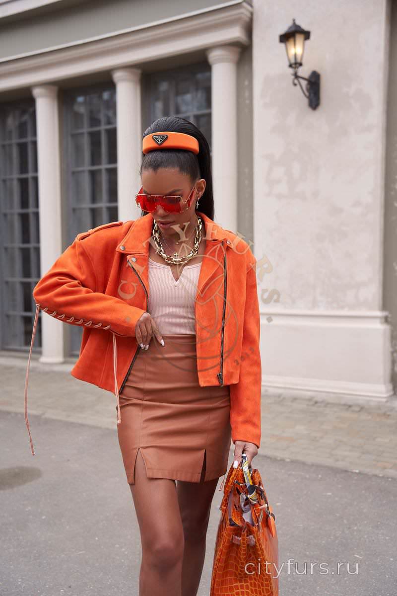 Куртка из натуральной замши со шнуровкой - цвет оранжевый 3