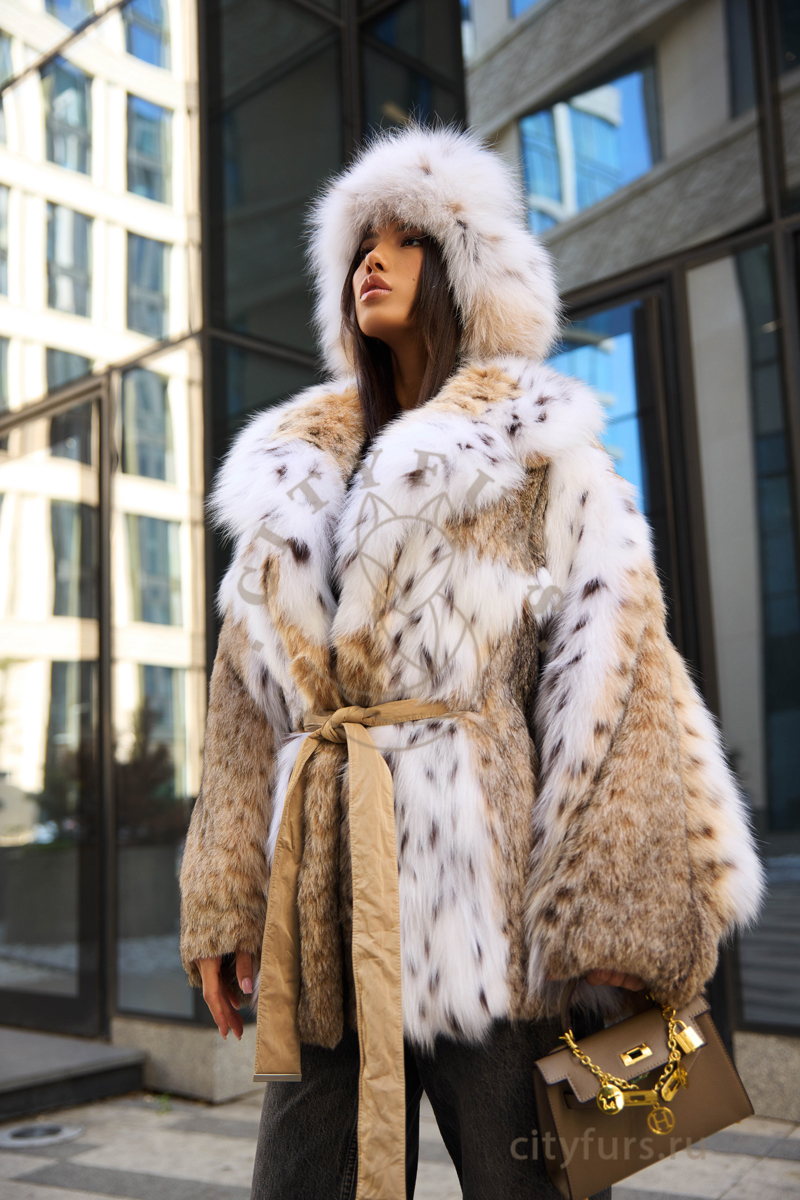 шуба из меха королевской лисы и рыси, premium collection — белая (1)