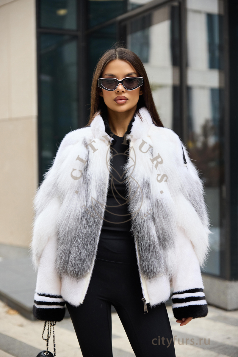 бомбер в стиле «fendi» из меха лисы с норкой, premium collection — белый (1)
