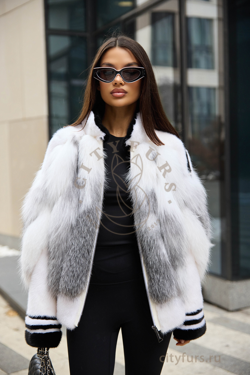 бомбер в стиле «fendi» из меха лисы с норкой, premium collection — белый (2)