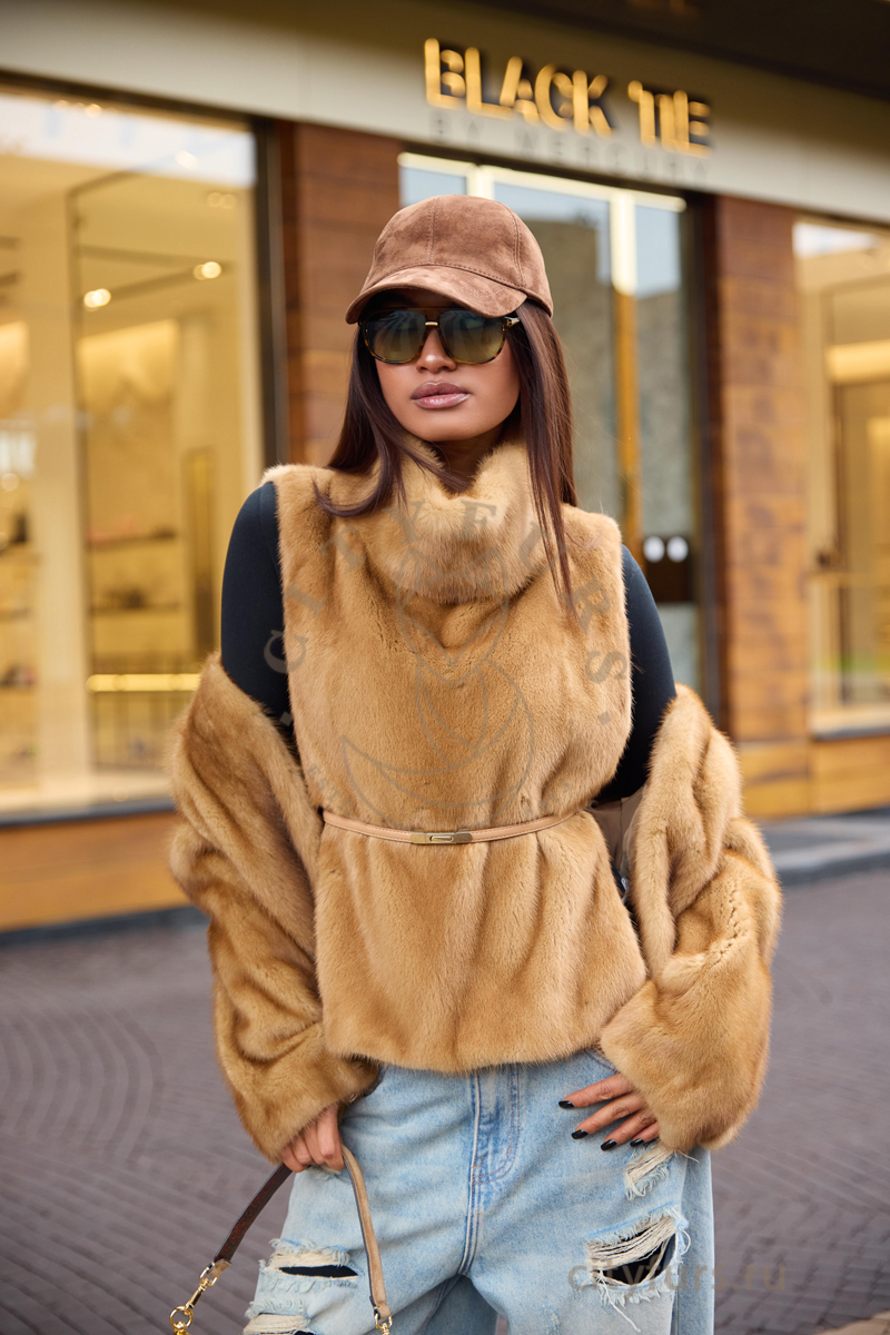 манишка из меха импортной норки, premium collection — золотая (gold) (2)